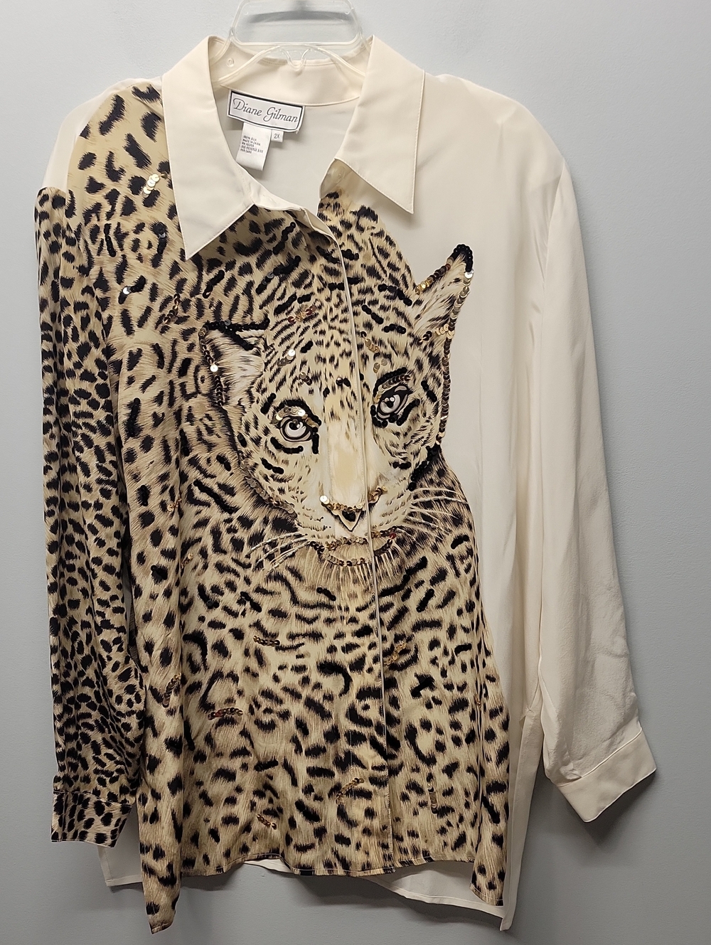 NEW Diane Gilman Sequin Leopard Button down Silk Shirt size 2X